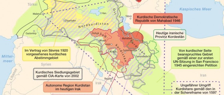 Karte zu kurdischen Gebieten und Gebietsansprüchen mit historischen Eckdaten (wikimedia). (Foto: [url=https://commons.wikimedia.org/wiki/File:Umgriffe_Kurdistans.png]Maximilian Dörrbecker (Chumwa)/Wikimedia Commons[/url])