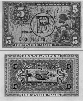 Geldschein über 5 DM (Serie 1) mit Berlin-Stempel, ausgegeben 24. Juni 1948