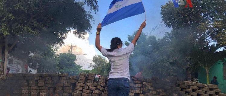 Bilder, wie wir sie vom letzten Jahr aus Venezuela kennen: Eine Frau posiert mit Fahne vor brennenden Barrikaden. (Foto: Voice of America)