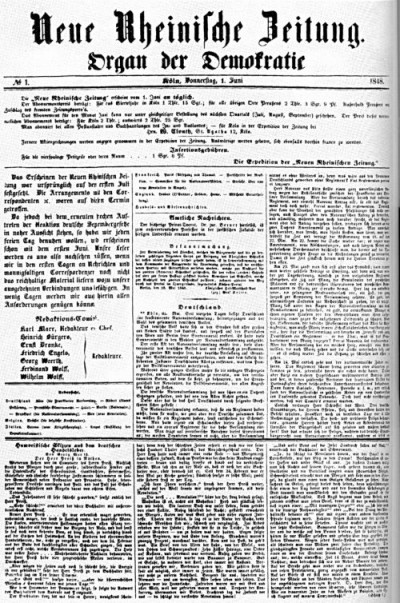 Die erste Nummer der „Neuen Rheinischen Zeitung“ vom 1. Juni 1848