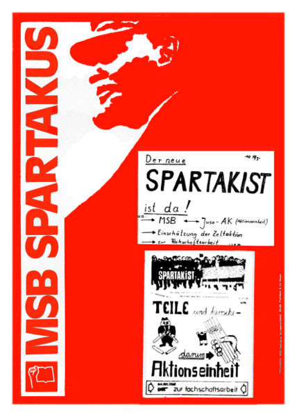 Plakat zu den Aktivitäten des MSB Spartakus und zur Aktionseinheit (1973, Ort unbekannt)