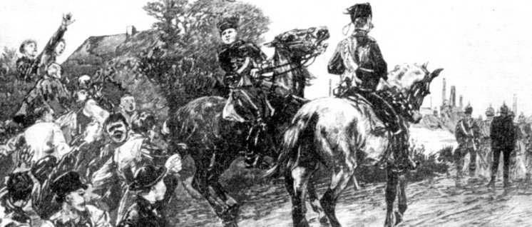 Jugendliche Arbeiter bedrohen im westfälischen Kohlenrevier eine Militärpatrouille, 1889. Zeitgenössische Darstellung von Th. Picholl