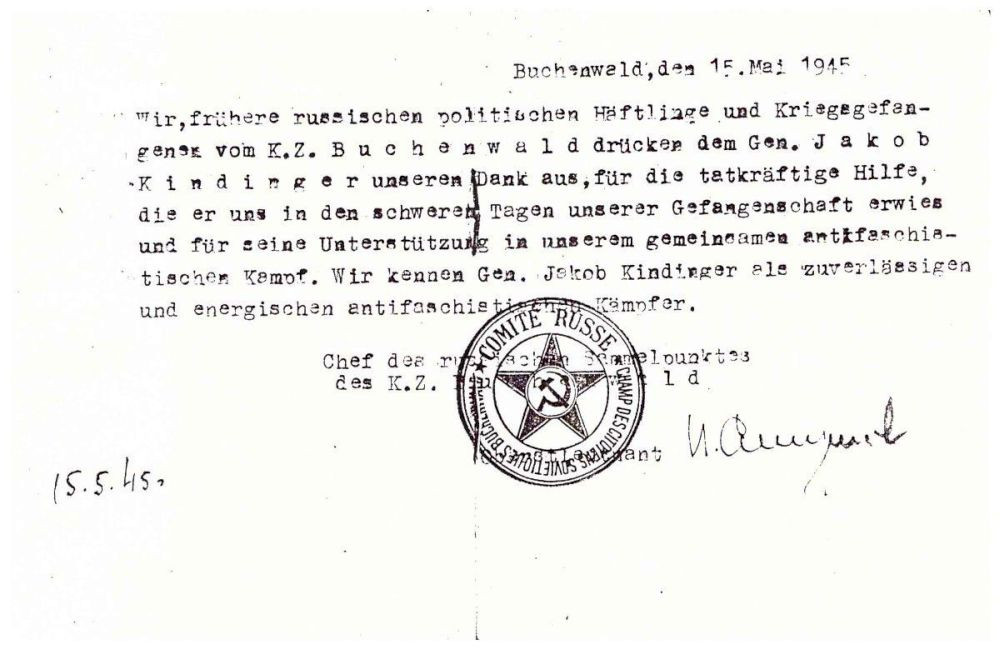 Die sowjetischen Kriegsgefangenen in Buchenwald dankten Jakob Kindinger für seine aufopferungsvolle Hilfe.