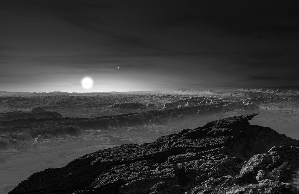 Diese künstlerische Darstellung zeigt einen Blick auf die mögliche Oberfläche des Planeten Proxima b. Auch der Doppelstern Alpha Centauri AB ist zu sehen (rechts von dem Zentralgestirn Proxima).