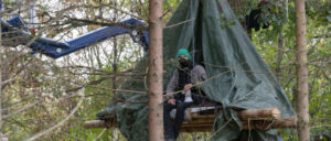 Oben bleiben: Umweltschützer im Baumhaus am Freitag vergangener Woche, im Hintergrund das Gerät, mit dem die Polizei den Wald für RWE räumt. (Foto: Hubert Perschke/r-mediabase.eu)
