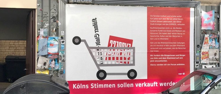 ver.di hat in Köln Plakatwände angemietet und informiert darauf über den Medienkahlschlag. (Foto: ver.di Köln)