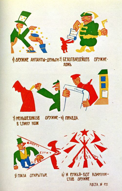 Wladimir Majakowski, ROSTA-Fenster 1920 1. Entente-Waffe: Geld 2. Weißgardisten-Waffe: Lügen, Tücken 3. Menschewiki-Waffe: Dolch in den Rücken 4. Prawda (Wahrheit) 5. Offene Augen 6. Und Gewehre: Kommunistische Waffenehre