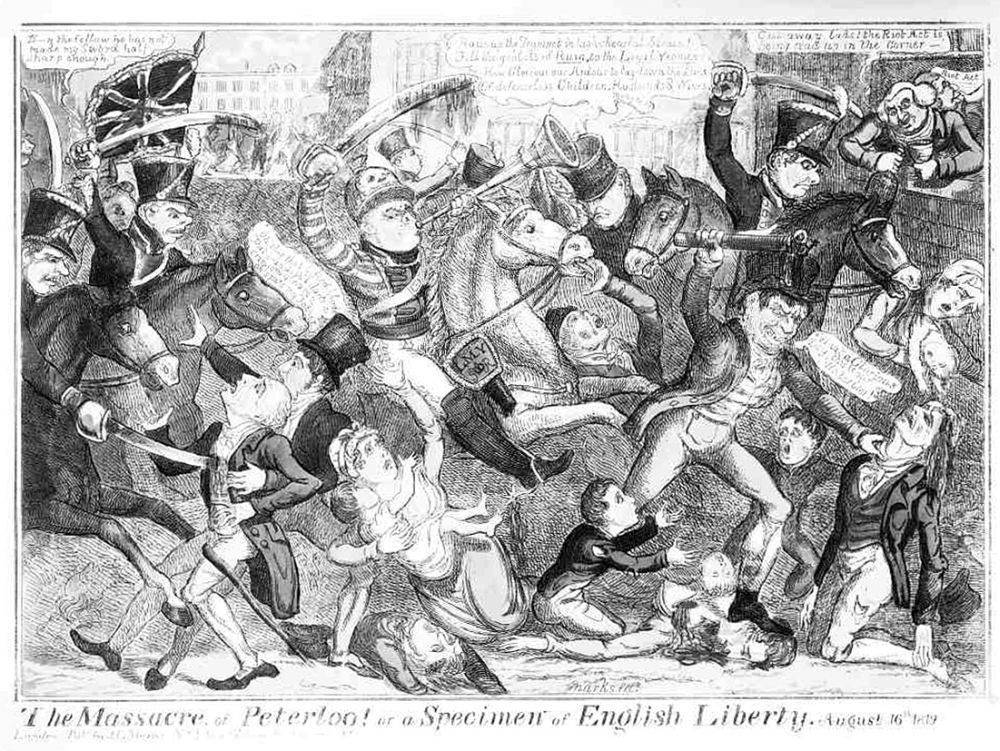„Das Massaker von Peterloo – oder eine Kostprobe englischer Freiheit!“ Eine zeitgenössische Karikatur zeigt, wie Polizei die Demonstration niederschlägt.