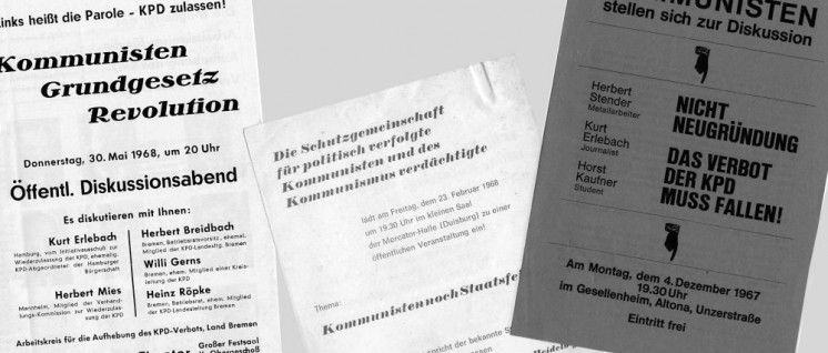 1967/68 ergab sich auch aufgrund innenpolitischer Entwicklungen in der Bundesrepubli eine neue Situation, in der auf öffentlichen Veranstaltungen auch die Aufhebung des KPD-Verbots und die Wiederzulassung der KPD gefordert wurde.  (Foto: Flugblätter im UZ- bzw. DKP-Archiv)