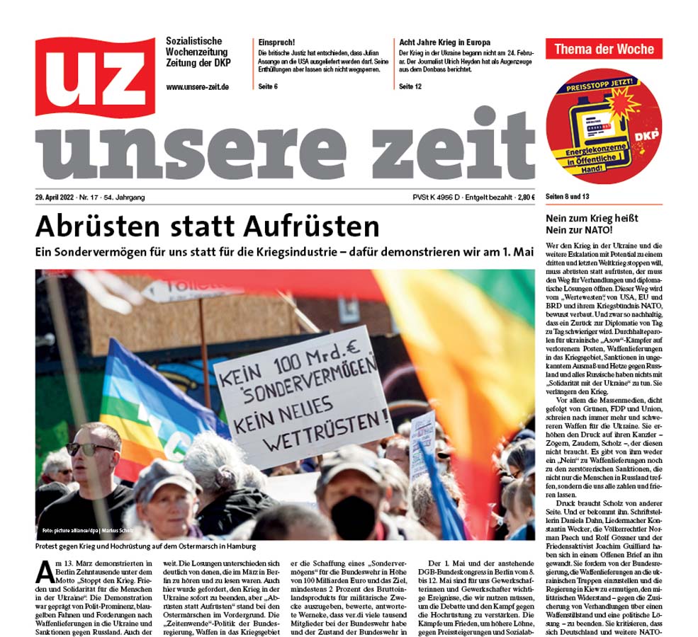 UZ 2022 17 Seite 01 - Gegen die staatlich verordnete Verblödung - Friedenskampf, Klassenkämpfe, UZ - Im Bild