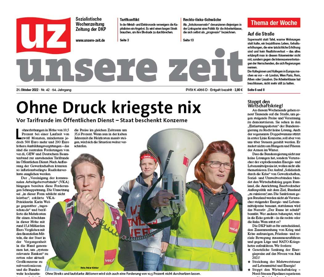 UZ 2022 42 Seite 01 - Gegen die staatlich verordnete Verblödung - Friedenskampf, Klassenkämpfe, UZ - Im Bild