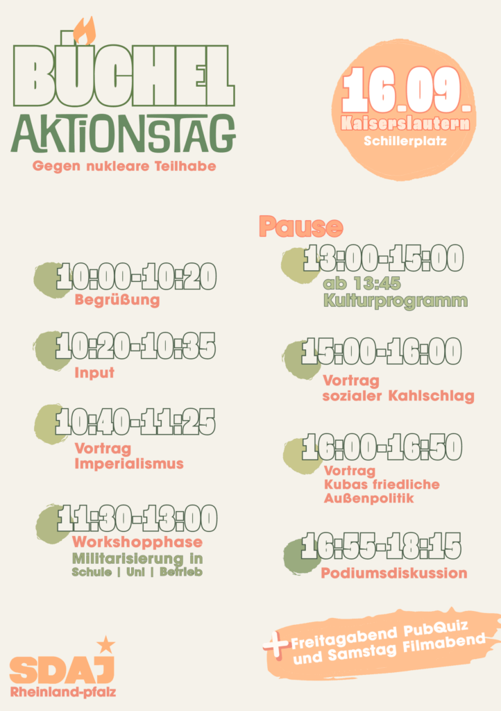 Programm Buechelaktionstag 2 - Den Erstschlag verhindern! - Büchel, KAiserslautern, Rheinland-Pfalz, SDAJ - Blog