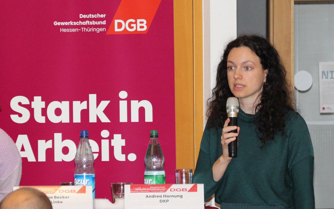 2315 01 - Klare Friedensposition eingebracht - Andrea Hornung, DGB, Diskussion, EU-Wahl 2024, SDAJ, ver.di - Aktion