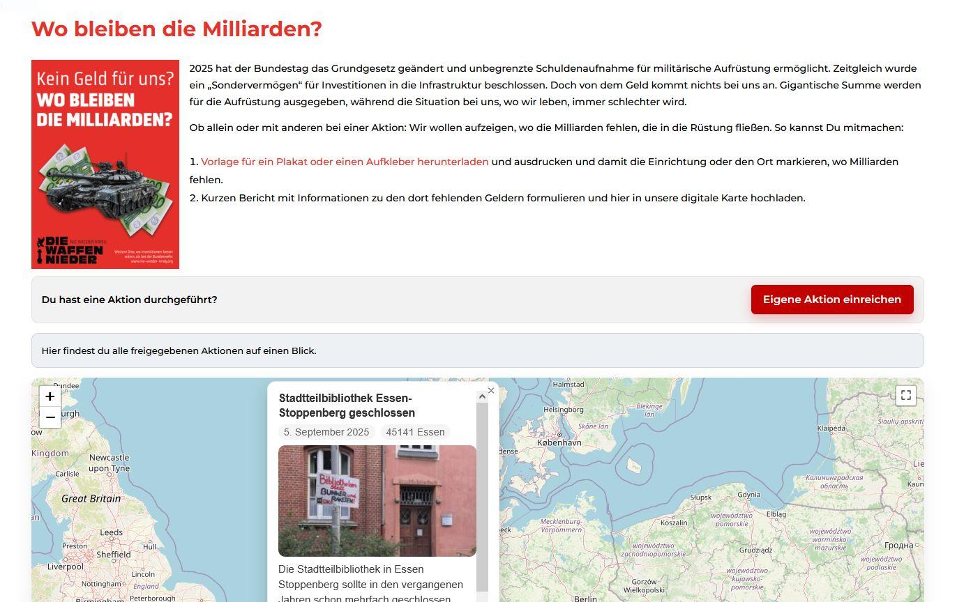 Unkompliziert in Aktion treten - Initiative Nie wieder Krieg - Die Waffen nieder, UZ-Shop, Wo bleiben die Milliarden? - Blog, Aktion Screenshot Wo bleiben die Milliarden - Unkompliziert in Aktion treten - Initiative Nie wieder Krieg - Die Waffen nieder, UZ-Shop, Wo bleiben die Milliarden? - Blog, Aktion