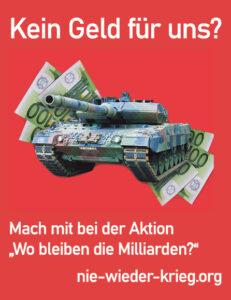 Aufkleber - Wo bleiben die Milliarden? - „Nie wieder Krieg!“, DKP Stuttgart, kommunale Infrastruktur, Sondervermögen, Wo bleiben die Milliarden? - Aktion