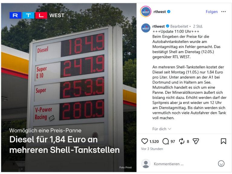 200901 Screenshot Instagram RTL West - 12-Uhr-Tankstellenregel - Dieselkrise, Mineralölkonzerne, Tankrabatt - Positionen