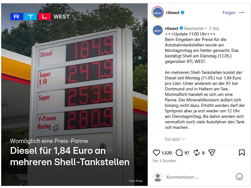 200901 Screenshot Instagram RTL West - 12-Uhr-Tankstellenregel - UZ vom 15. Mai 2026 - UZ vom 15. Mai 2026