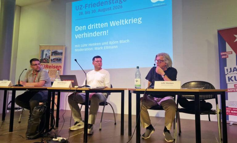 Muenzenbergsaal Freitag - Aufklärung als A und O - Björn Blach, Friedenskampf, Lühr Henken, Mark Ellmann, UZ-Friedenstage 2026 - Blog, Aktion